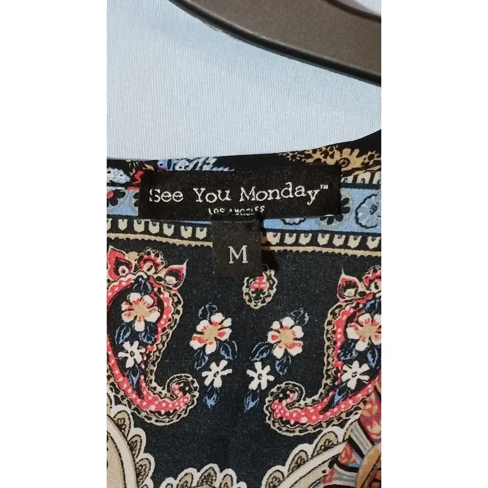 See You Monday Womens Medium Paisley Long Sleeve Black Fringed Cropped Top Boho - Picture 3 of 10
